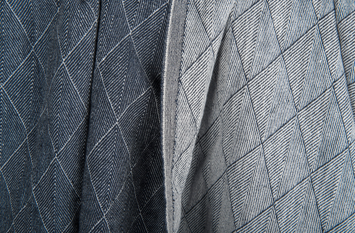 Dobbelsidig jacquard-lin i diamantmønster blå/hvit